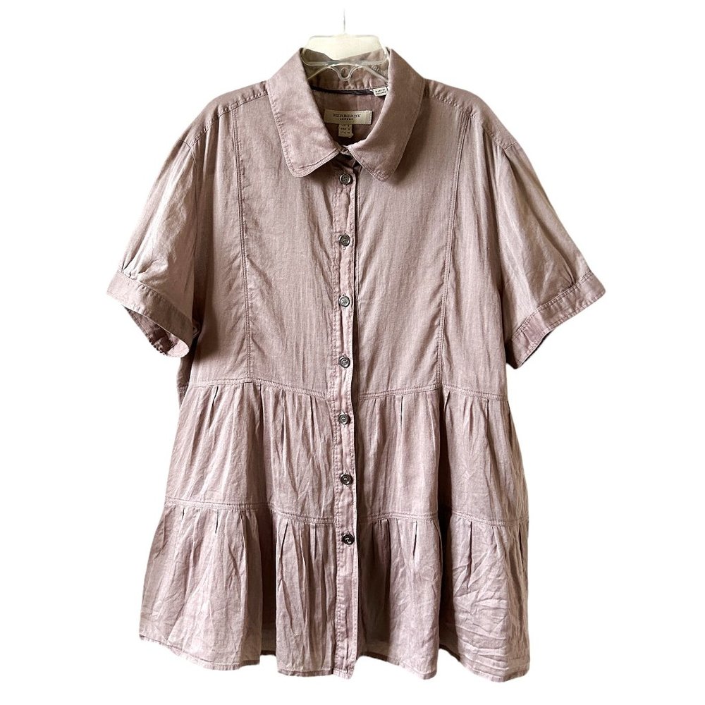 BURBERRY Tiered Peplum Blouse Button Up Short Sleeve Shirt Lavender Cotton Sz 6